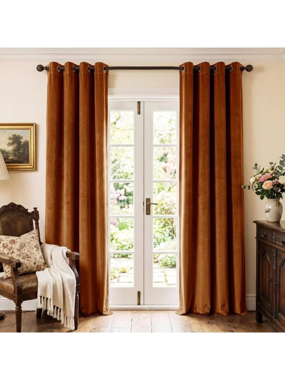 Luxurious Burnt Orange Velvet Sliding Door Curtains, 2 Panels, W52 x L96